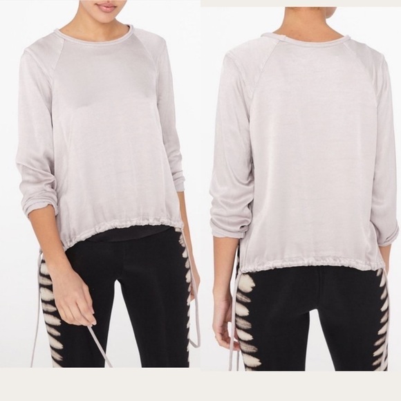 RAQUEL Allegra satin silver platinum gray drawstring sweatshirt blouse top - Picture 1 of 9